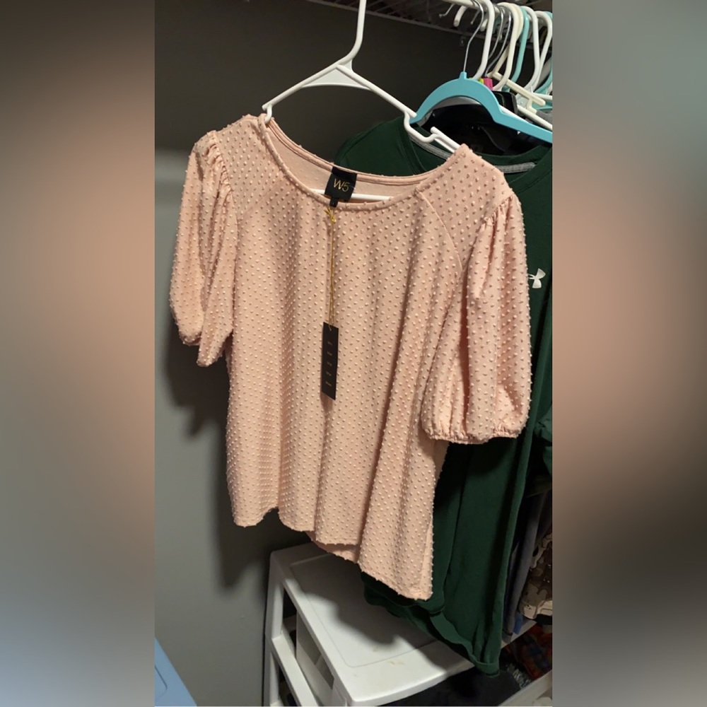 W5 Pink Puff Sleeve Swiss Dot Blouse